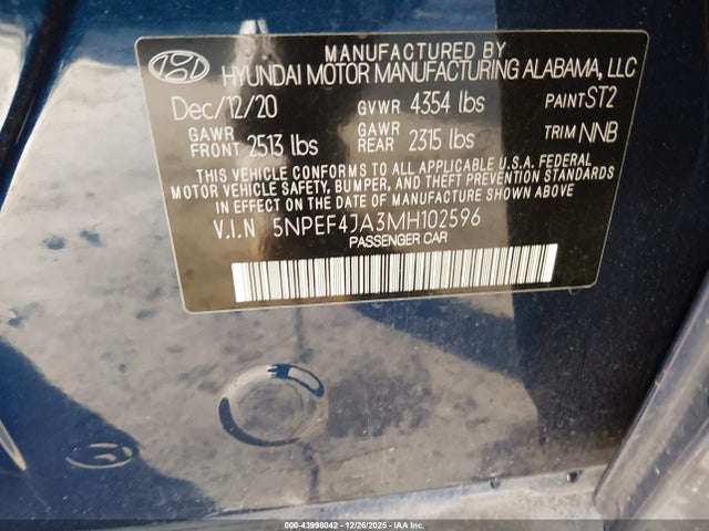 5NPEF4JA3MH102596 Hyundai SONATA SEL