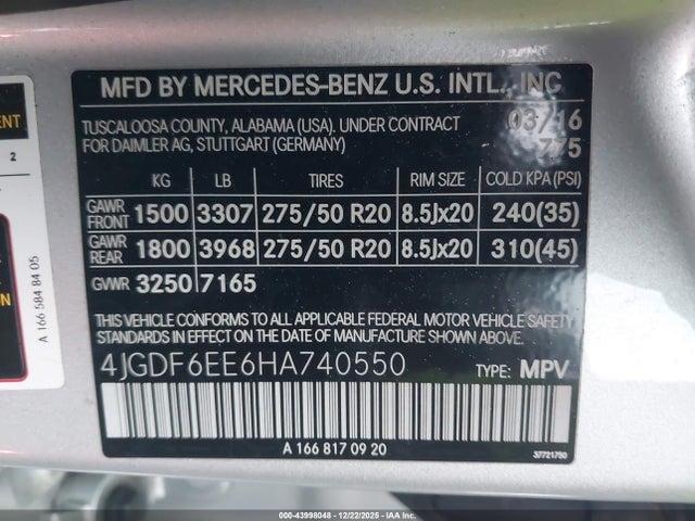Aukcja sprzedaży 2017 Mercedes-benz Gls 450 4matic, vin: 4JGDF6EE6HA740550, numer aukcji: 43998048