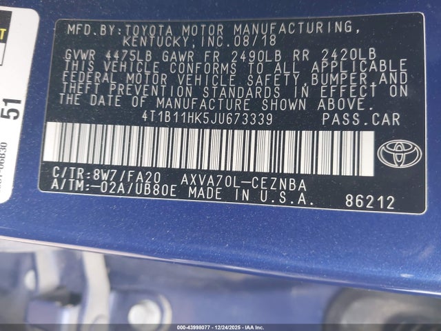 4T1B11HK5JU673339 Toyota CAMRY LE
