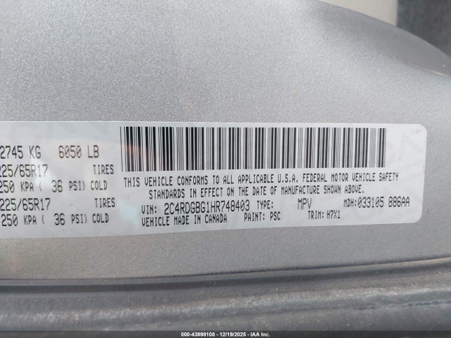 2C4RDGBG1HR748403 Dodge Grand Caravan Se
