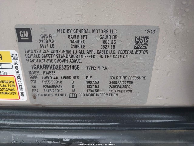 Aukcja sprzedaży 2014 Gmc Acadia Sle-2, vin: 1GKKRPKD2EJ251468, numer aukcji: 43998168