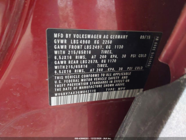 WVGBV7AX3GW042115 Volkswagen TIGUAN S