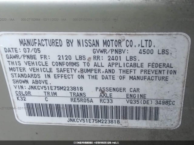 Продажа на аукционе авто 2005 Infiniti G35, vin: JNKCV51E75M223818, номер лота: 43998242