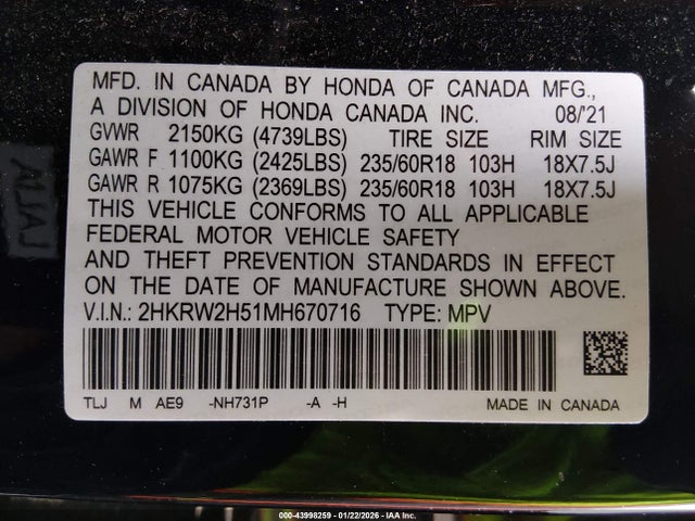2HKRW2H51MH670716 Honda Cr-v Awd Ex
