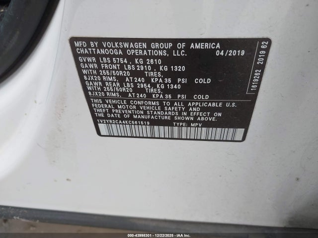 43998301 :رقم المزاد ، 1V2YR2CA4KC561519 vin ، 2019 Volkswagen Atlas 3.6l V6 Se W/technology R-line مزاد بيع