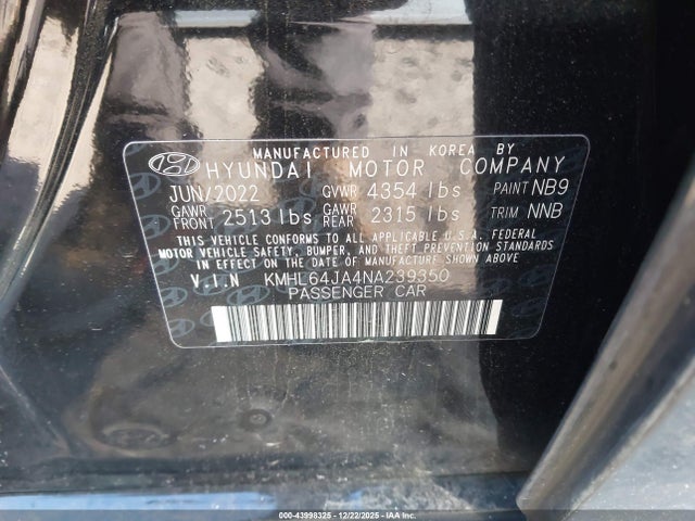 Aukcja sprzedaży 2022 Hyundai Sonata Sel, vin: KMHL64JA4NA239350, numer aukcji: 43998325