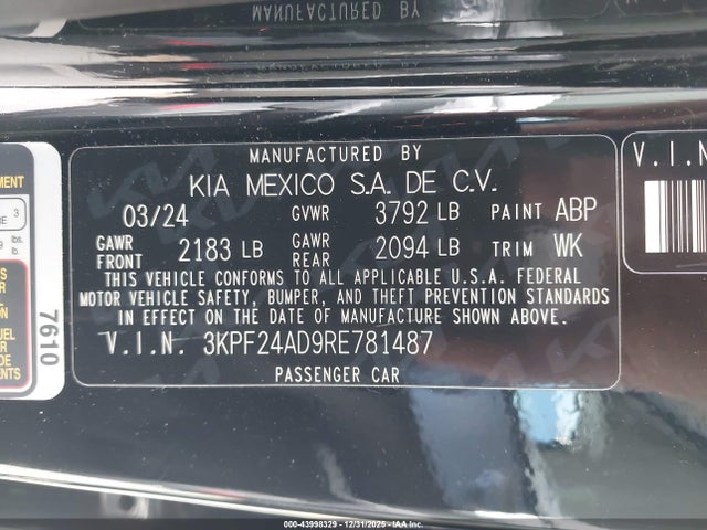 2024 Kia Forte Lxs მანქანა იყიდება აუქციონზე, vin: 3KPF24AD9RE781487, აუქციონის ნომერი: 43998329