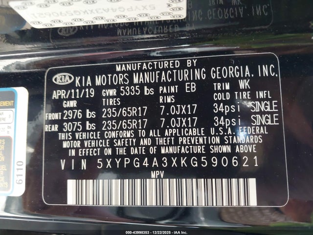 5XYPG4A3XKG590621 KIA Sorento 2.4l Lx