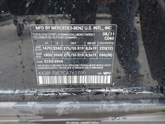 Aukcja sprzedaży 2012 Mercedes-benz Gl 450 4matic, vin: 4JGBF7BE7CA762700, numer aukcji: 43998360