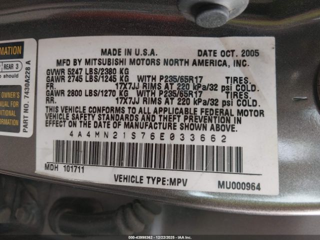 2006 MITSUBISHI ENDEAVOR 4A4MN21S76E033662 Photo 8