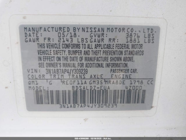 3N1AB7AP4JY309239 Nissan SENTRA SV