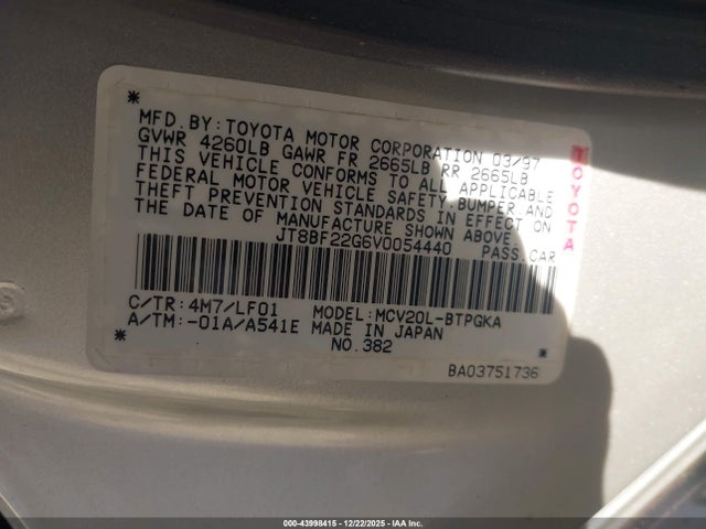 Aukcja sprzedaży 1997 Lexus Es 300, vin: JT8BF22G6V0054440, numer aukcji: 43998415