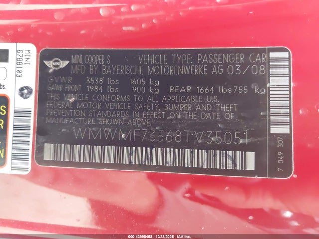 2008 MINI COOPER WMWMF73568TV35051 Photo 8