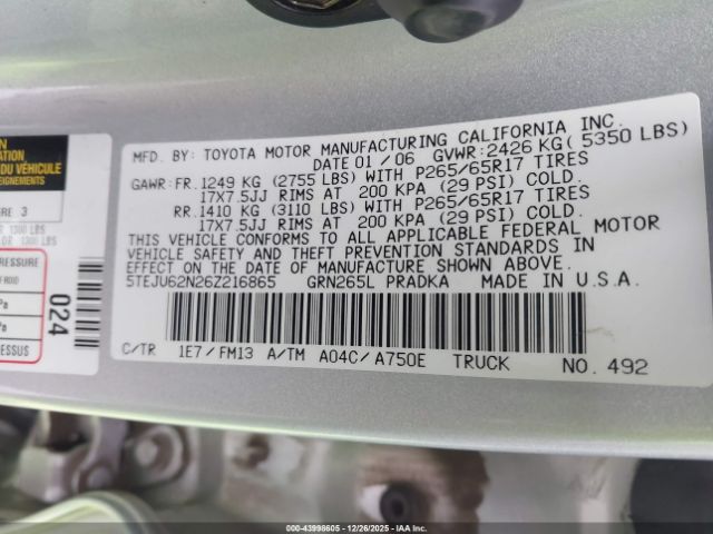 2006 TOYOTA TACOMA 5TEJU62N26Z216865 Photo 8