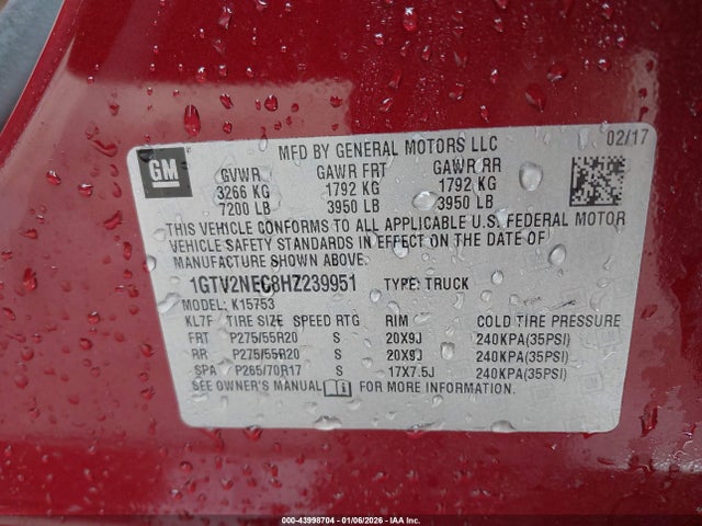 Продажа на аукционе авто 2017 Gmc Sierra 1500 Slt, vin: 1GTV2NEC8HZ239951, номер лота: 43998704