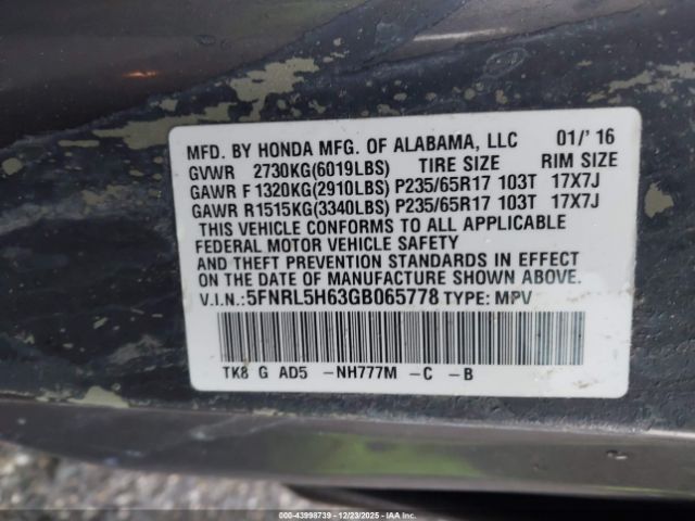 2016 HONDA ODYSSEY 5FNRL5H63GB065778 Photo 8