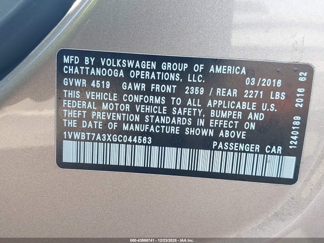 Продаж на аукціоні авто 2016 Volkswagen Passat 1.8t Se, vin: 1VWBT7A3XGC044563, номер лоту: 43998741