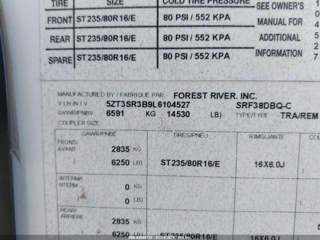 5ZT3SR3B9L6104527 Forest River Sabre