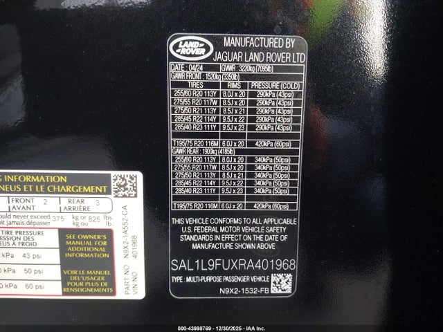 SAL1L9FUXRA401968 Land Rover Range Rover Sport Dynamic Se