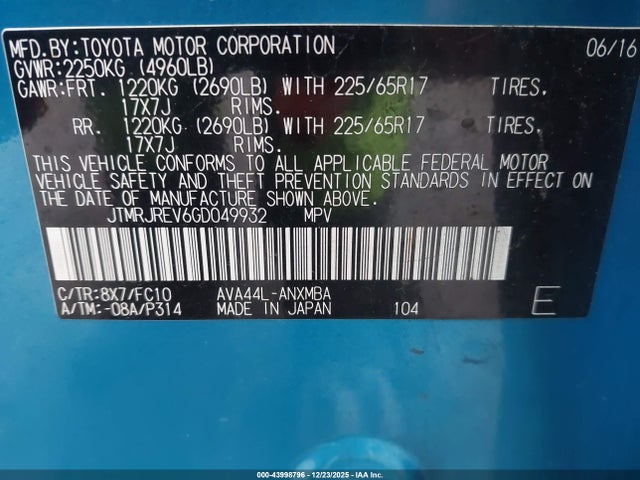 JTMRJREV6GD049932 Toyota Rav4 Hybrid Xle