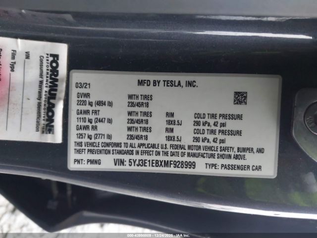 2021 TESLA MODEL 3 5YJ3E1EBXMF928999 Photo 8