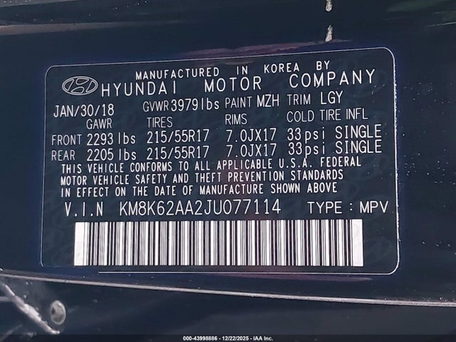 KM8K62AA2JU077114 Hyundai Kona Sel