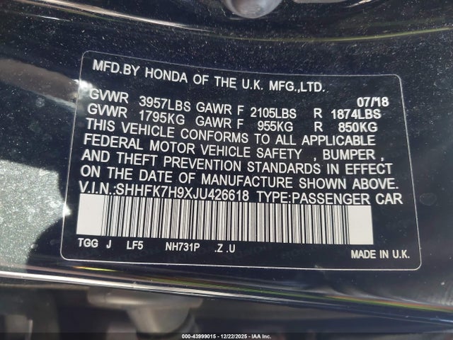SHHFK7H9XJU426618 Honda Civic Sport Touring