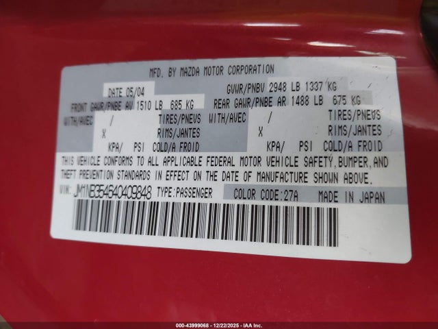 2004 Mazda Mazdaspeed Mx-5 Miata Cloth მანქანა იყიდება აუქციონზე, vin: JM1NB354640409848, აუქციონის ნომერი: 43999068