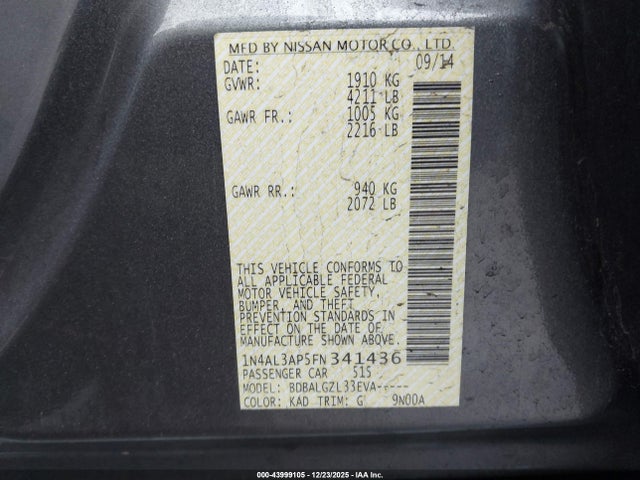 1N4AL3AP5FN341436 Nissan Altima 2.5/2.5 S/2.5 Sl/2.5 Sv