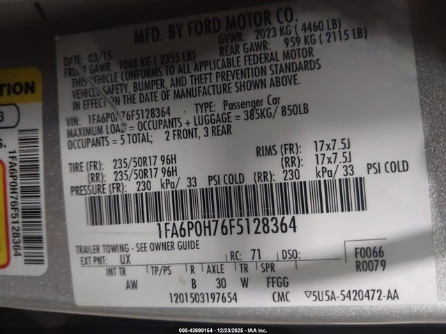 Aukcja sprzedaży 2015 Ford Fusion Se, vin: 1FA6P0H76F5128364, numer aukcji: 43999154