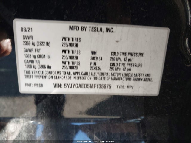 2021 TESLA MODEL Y 5YJYGAED5MF135675 Photo 8