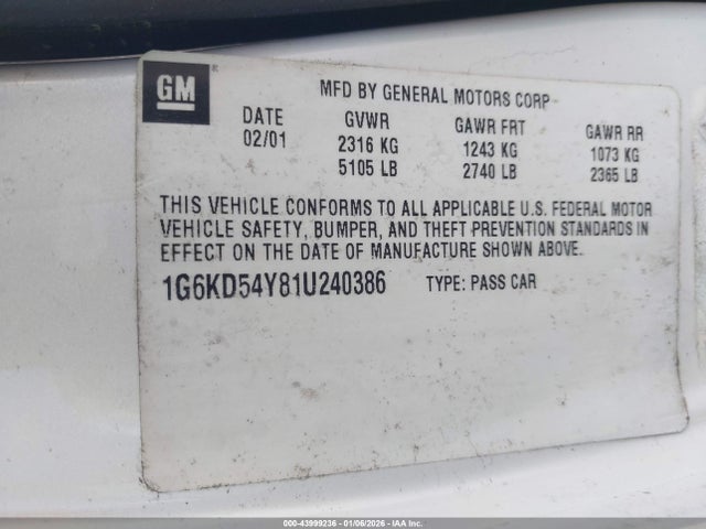 2001 CADILLAC DEVILLE 1G6KD54Y81U240386 Photo 8