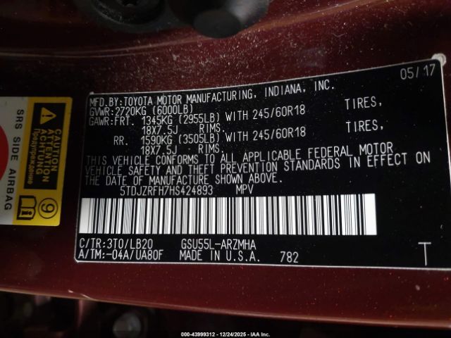 2017 TOYOTA HIGHLANDER 5TDJZRFH7HS424893 Photo 8