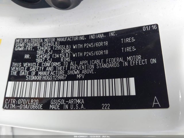 5TDKKRFH0GS129867 Toyota Highlander Xle V6