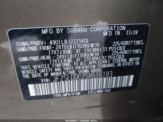 2025 Subaru Forester Premium მანქანა იყიდება აუქციონზე, vin: JF2SLDDC2SH516183, აუქციონის ნომერი: 43999377