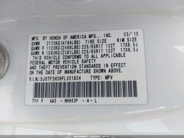5J6TF3H36FL001604 Honda Crosstour Ex