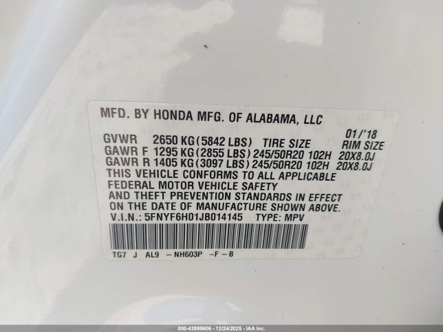 5FNYF6H01JB014145 Honda Pilot Elite