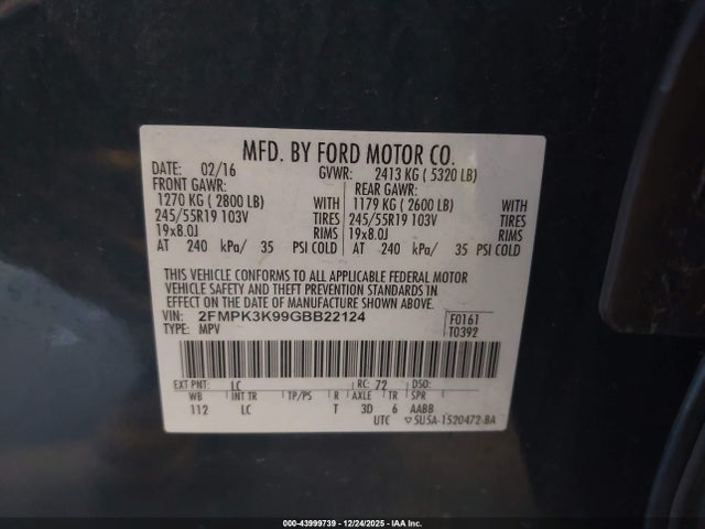 43999739 :رقم المزاد ، 2FMPK3K99GBB22124 vin ، 2016 Ford Edge Titanium مزاد بيع