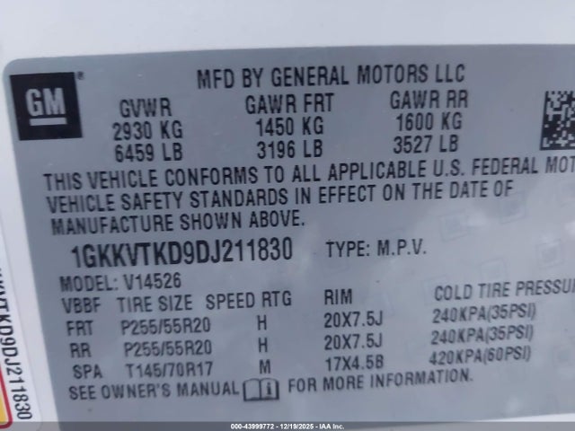 2013 Gmc Acadia Denali მანქანა იყიდება აუქციონზე, vin: 1GKKVTKD9DJ211830, აუქციონის ნომერი: 43999772