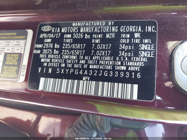 5XYPG4A32JG339316 KIA Sorento 2.4l Lx
