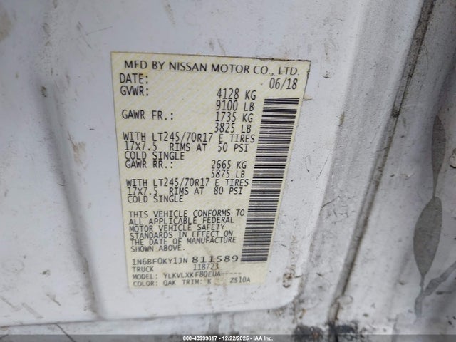 1N6BF0KY1JN811589 Nissan Nv Cargo Nv2500 Hd Sv V6
