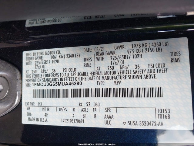 1FMCU0G65MUA45280 Ford ESCAPE SE