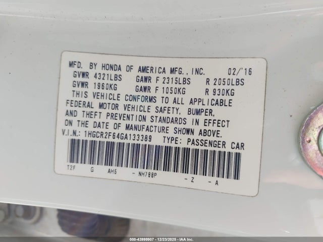 1HGCR2F64GA133389 Honda Accord Sport