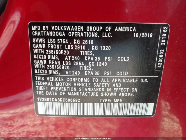 2019 VOLKSWAGEN ATLAS 1V2SR2CA3KC506582 Photo 8