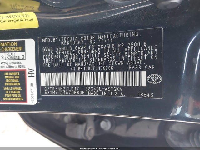 Toyota AVALON XLE 2015 4T1BK1EB6FU138786 Image 9