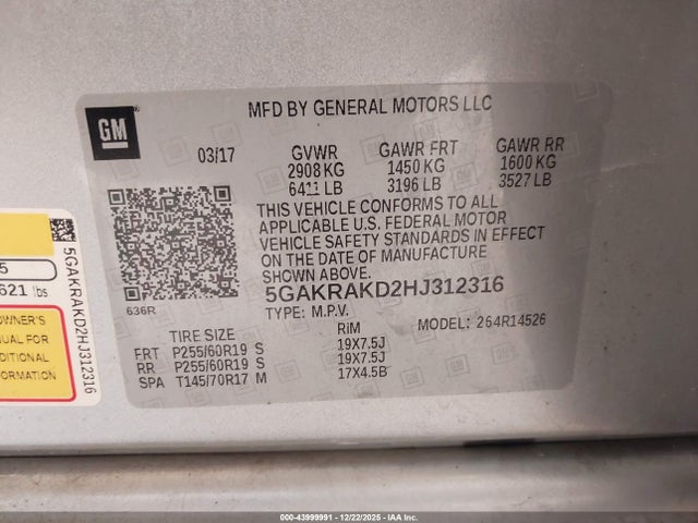 Aukcja sprzedaży 2017 Buick Enclave Convenience, vin: 5GAKRAKD2HJ312316, numer aukcji: 43999991