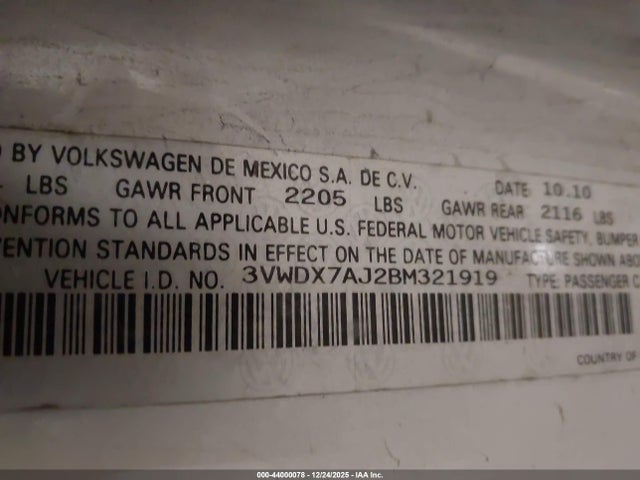 Продажа на аукционе авто 2011 Volkswagen Jetta 2.5l Se, vin: 3VWDX7AJ2BM321919, номер лота: 44000078