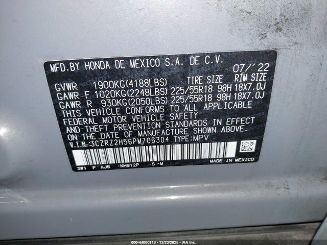 3CZRZ2H56PM706304 Honda Hr-v Awd Sport
