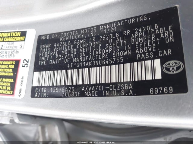 4T1G11AK3NU645755 Toyota CAMRY SE