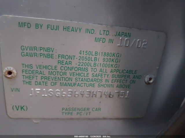Продаж на аукціоні авто 2003 Subaru Forester X, vin: JF1SG63643H746731, номер лоту: 44000165